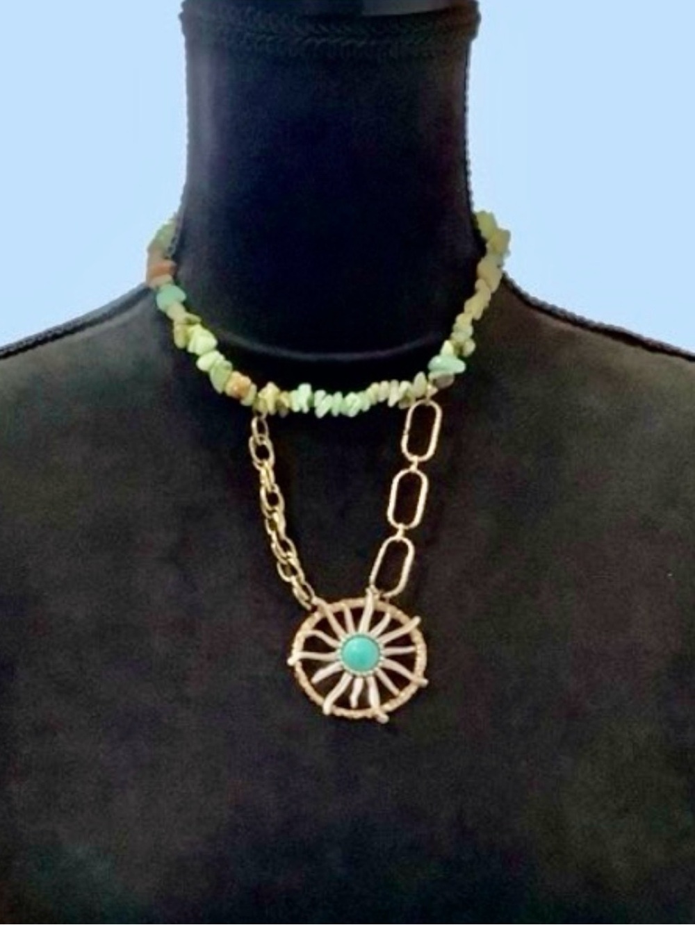 Boho Western Chic Distressed Gold and Turquoise Multicolored Necklace